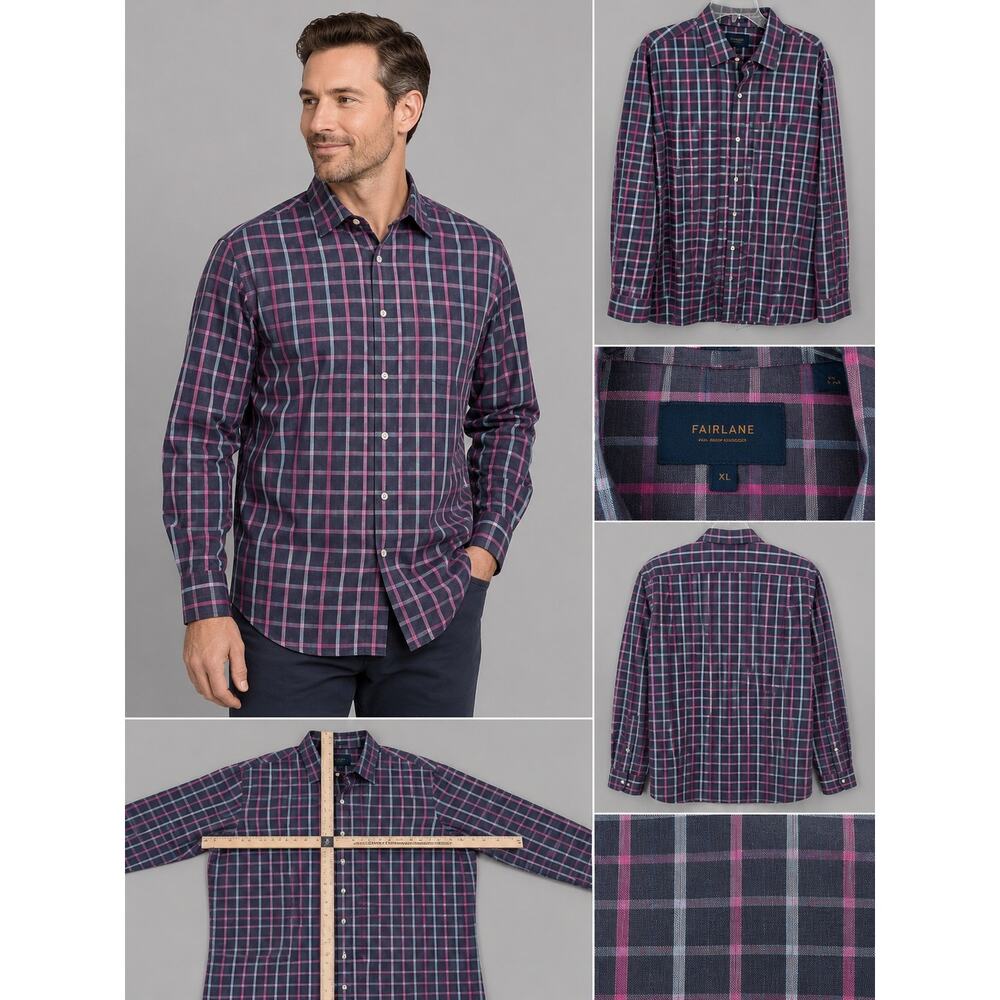 Fairlane XL Plaid Button Front Shirt Blue Pink Long Sleeve Cotton Blend